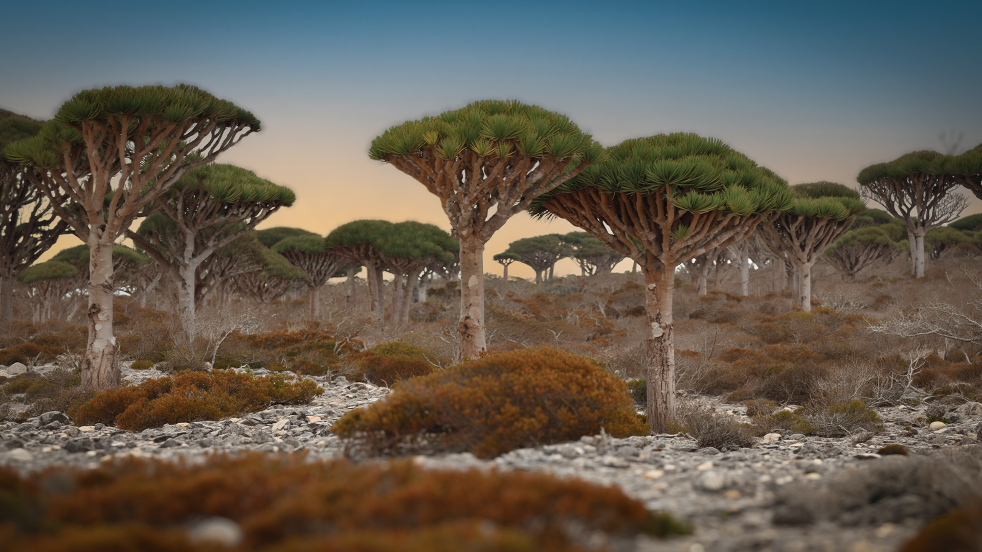 Ancient dragon blood trees on the Diksam Plateau, Socotra Island
